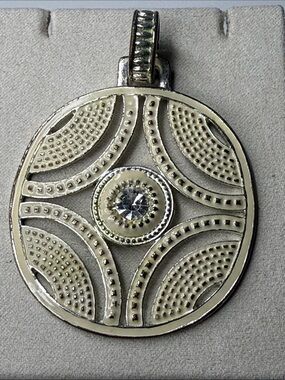 Cream and Silver enamel Round Filigree Pendant rhinestone Accent distressed
